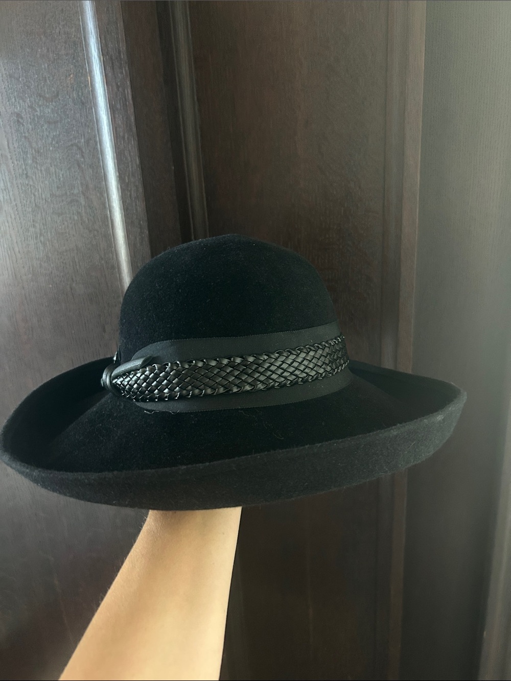 NWT Christine A. Moore NY Black Wide-Brim Felt Hat with Braided Band